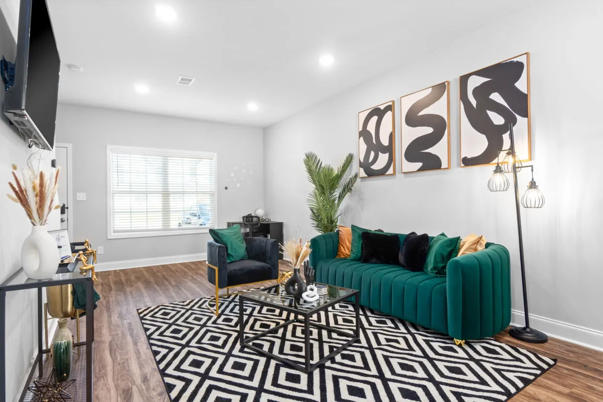 This image features a green velvet sofa paired with a black armchair, a geometric rug, decorative wall art, and a modern light fixture. The space is clearly designed for comfort and social gatherings, with ample seating and stylish decor, all arranged to foster conversation and relaxation. The TV is visible, emphasizing the entertainment element.
